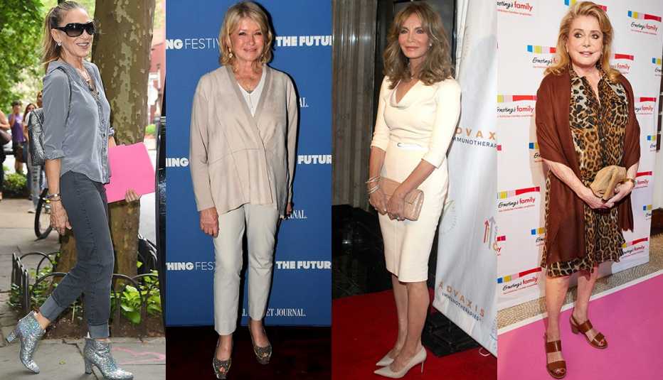 Sarah Jessica Parker in grey silk shirt, grey jeans, metallic silver booties; Martha Stewart; Jaclyn Smith; Catherine Deneuve