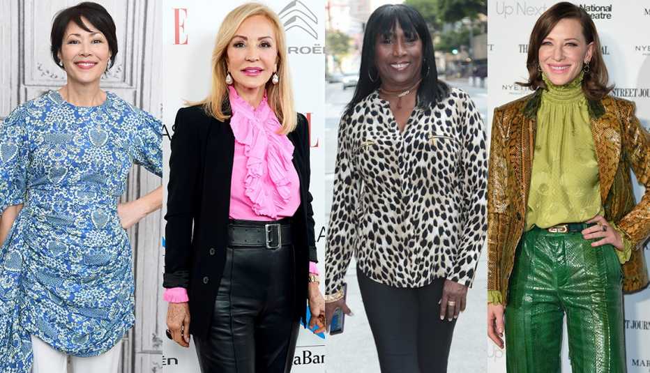 Ann Curry in blue print tunic blouse over white pants; Carmen Lomana in black tailored blazer, black leather pants and ruffled pink blouse; Kiki Shepard in animal print blouse, slim pants and sneakers; Cate Blanchett 