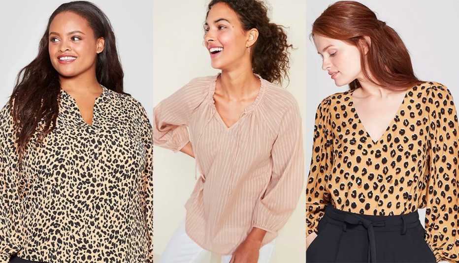 Ava & Viv Plus-Size Animal Print Long Sleeve V-Neck Popover Top; Old Navy Ruffled Tie-Neck Shadow Stripe Blouse; A New Day Animal Print Regular Fit Long Sleeve V-Neck Blouse