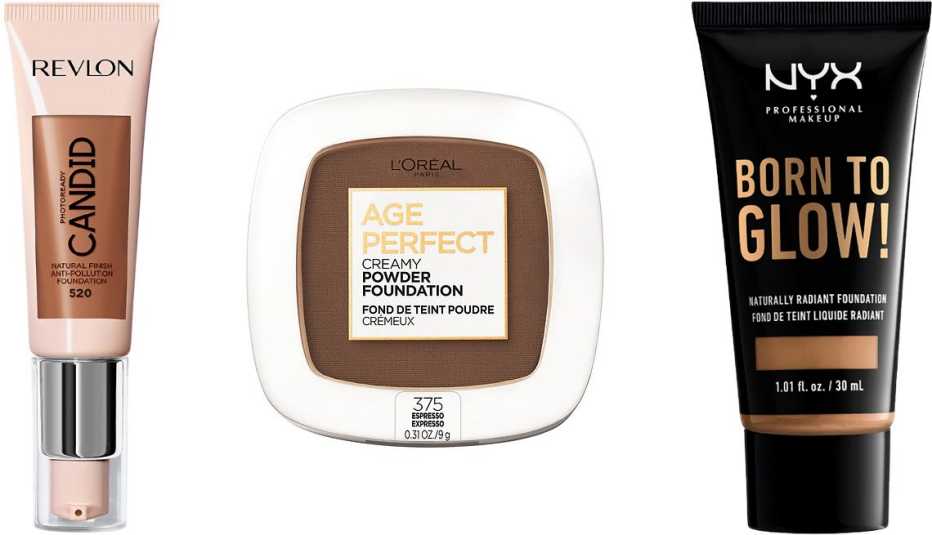 Revlon PhotoReady Candid Foundation; L’Oréal Paris Age Perfect Creamy Powder Foundation with Minerals; NYX Professional Makeup Born to Glow Naturally Radiant Foundation