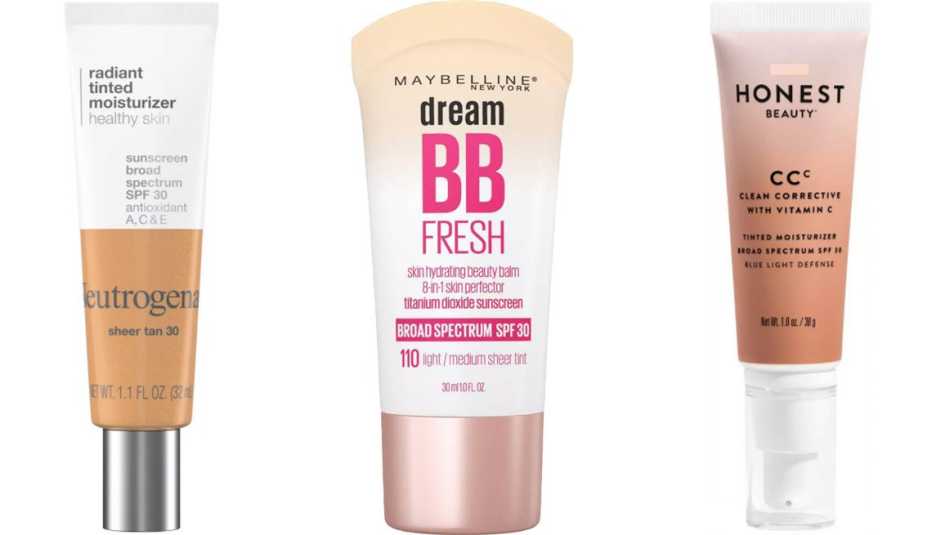 Neutrogena Radiant Tinted Moisturizer with SPF 30; Maybelline Dream Fresh BB Cream SPF 30; Honest Beauty Clean Corrective CC with Vitamin C SPF 30