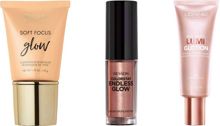 Milani Soft Focus Glow Complexion Enhancer in nude glow; Revlon ColorStay Endless Glow Liquid Highlighter in rose quartz; L’Oréal Paris True Match Lumi Glotion Natural Glow Enhancer in 902 light glow