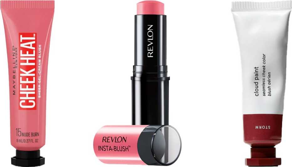 Maybelline Cheek Heat Blush in nude burn; Revlon Insta-Blush in candy kiss; Glossier Cloud Paint in storm