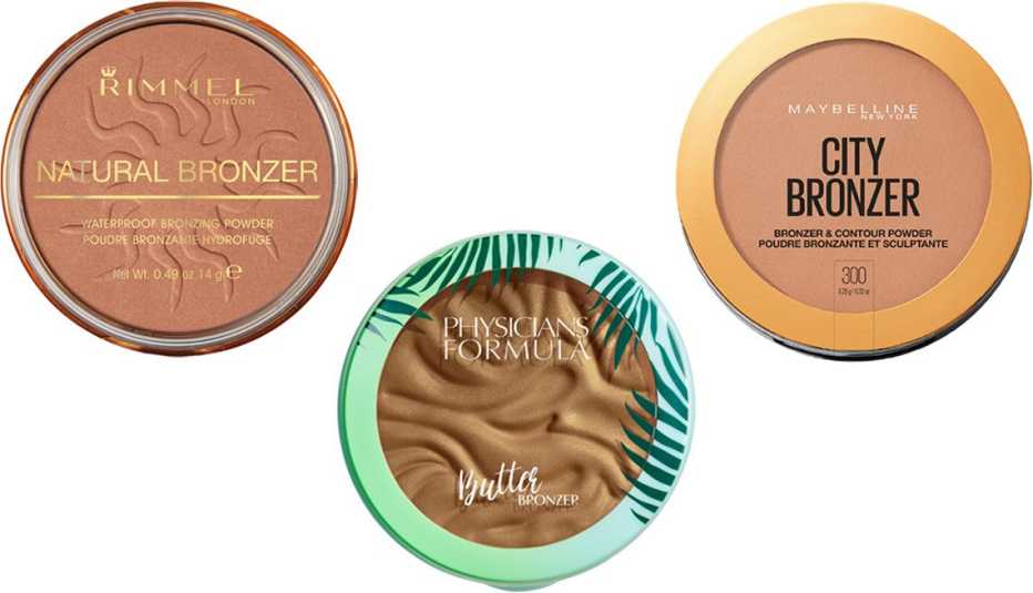 Rimmel Natural Bronzer in sun dance; Physicians Formula Murumuru Butter Bronzer in brazilian glow; Maybelline City Bronzer and Contour Powder in 300