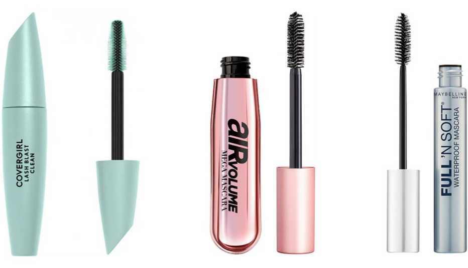 CoverGirl Lash Blast Clean Volume Mascara in pitch black; L’Oréal Paris Air Volume Mega Washable Lightweight Mascara in 850 blackest black; Maybelline Full ’N Soft Waterproof Mascara in very black