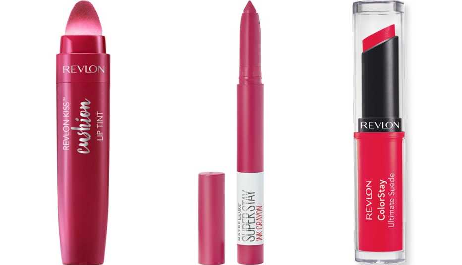 Revlon Kiss Cushion Lip Tint in naughty mauve; Maybelline SuperStay Ink Crayon Lipstick in treat yourself; Revlon ColorStay Ultimate Suede Lipstick in finale