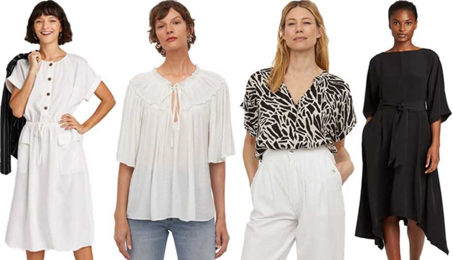 A New Day Womens Short Sleeve Utility Dress in Cream H and M Modal Blend Blouse in White H and M Crinkled Blouse in Black Patterned Prologue Womens Dolman Three-Quarter Sleeve Dress