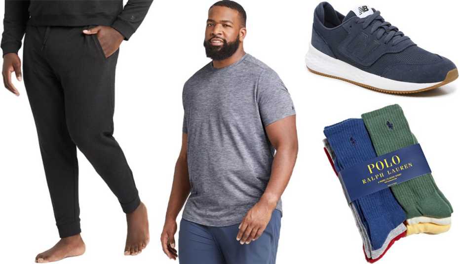 All in Motion Men’s Soft Gym Pants in black; All in Motion Men’s Short Sleeve Soft Gym T-Shirt in navy; Men’s New Balance Fresh Foam X70 Sneaker in navy; Polo Ralph Lauren UO Exclusive Athletic Crew Socks Pack