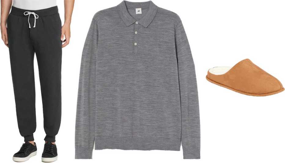 Alternative Fleece Jogger Sweatpants in eco true black; H&M Men’s Merino Wool Sweater in gray melange; Old Navy Faux-Suede Sherpa Lined Slide Slippers for Men in tan