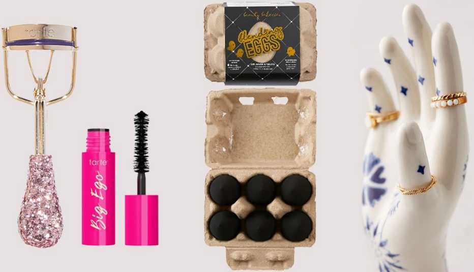 Tarte Curl’s Best Friend Lash Curler Set; Beauty Bakerie Black Blending Egg Makeup Sponge Set; Urban Outfitters Diana Ring Holder