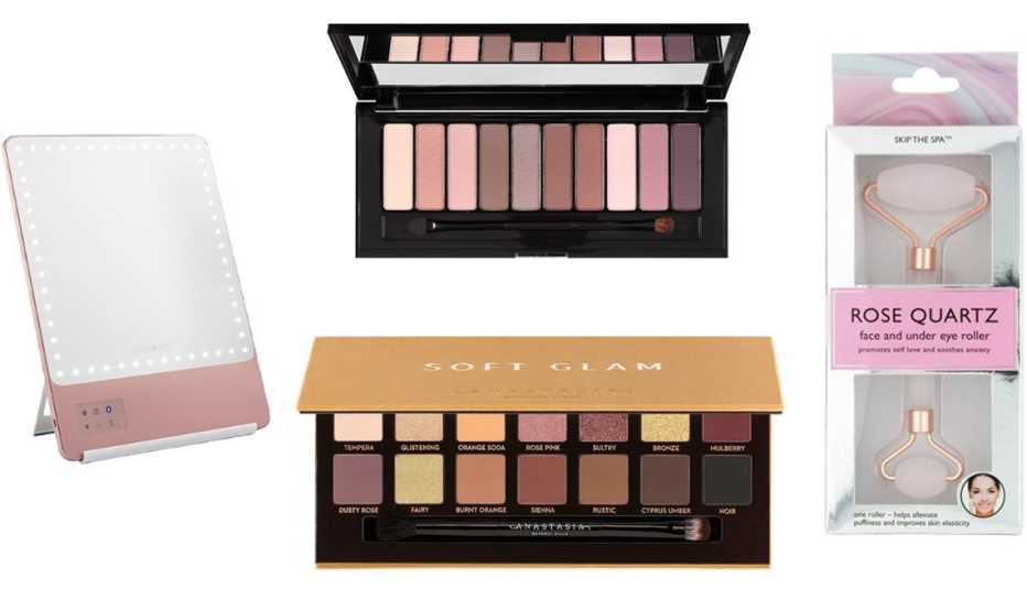 Riki Loves Riki Skinny Mirror; L’Oreal Paris Colour Riche La Palette in Nude Intense; Jean Pierre Rose Quartz Face and Under Eye Roller; Anastasia Beverly Hills Soft Glam Eyeshadow Palette