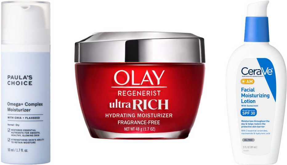 Paula’s Choice Omega + Complex Moisturizer; Olay Regenerist Ultra Rich Face Moisturizer Unscented; CeraVe AM Facial Moisturizing Lotion SPF 30