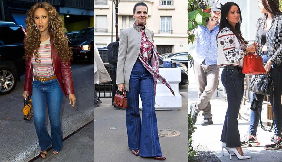 Iman wearing bootcut blue jeans Juliette Binoche wearing blue flare jeans and Kyle Richards wearing  and Kyle Richards all wearing dark blue kick flare jeans
