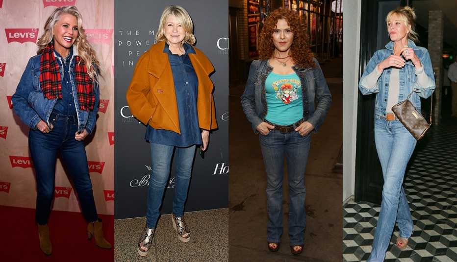 Christie Brinkley wearing a jean jacket with dark blue jeans Martha Stewart with a tan jacket and blue jeans Bernadette Peters wearing a dark blue jean jacket with dark blue jeans and Melanie Griffith wearing a distressed denim jacket with blue jeans
