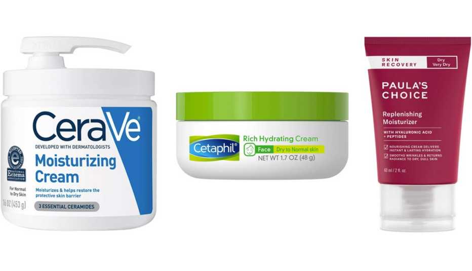 CeraVe Moisturizing Cream for Normal to Dry Skin; Cetaphil Rich Hydrating Cream; Paula’s Choice Skin Recovery Replenishing Moisturizer with Hyaluronic Acid + Peptides