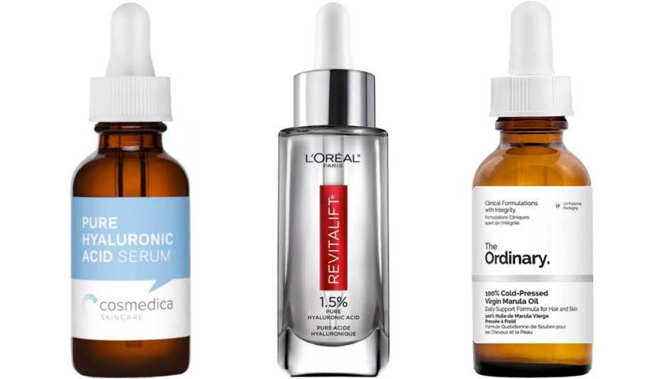 Cosmedica Skincare Pure Hyaluronic Acid Serum; L’Oreal Paris Revitalift Derm Intensives Hyaluronic Acid Facial Serum; The Ordinary 100% Cold Pressed Virgin Marula Oil