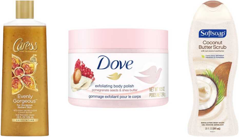 Caress Exfoliating Body Wash Evenly Gorgeous; Dove Exfoliating Body Scrub in Pomegranate & Shea Butter; Softsoap Exfoliating Body Wash Scrub Coconut Butter