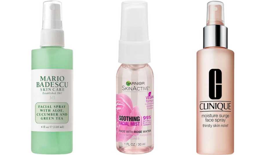 Mario Badescu Facial Spray with Aloe, Cucumber and Green Tea; Garnier Travel Size SkinActive Facial Mist Spray with Rosewater; Clinique Moisture Surge Face Spray