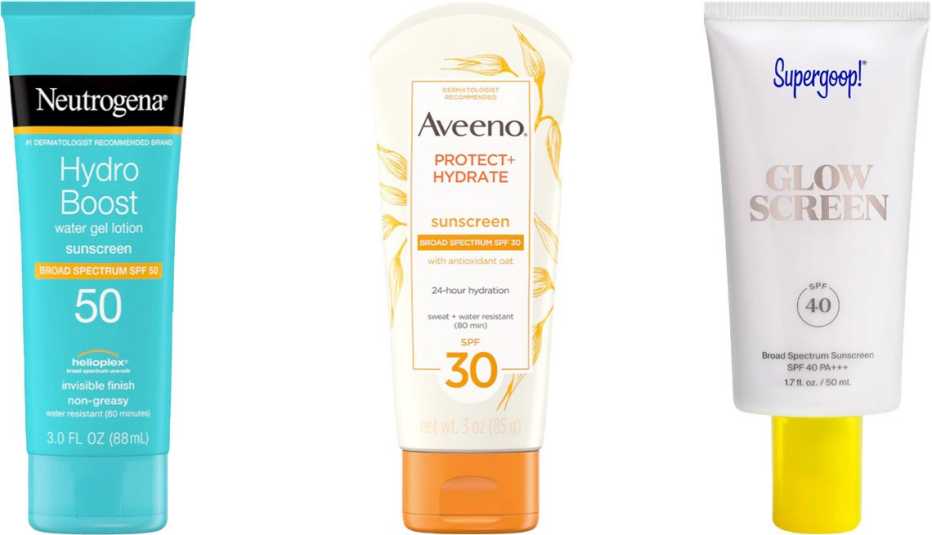Neutrogena Hydro Boost Moisturizing Sunscreen SPF 50; Aveeno Moisturizing Sunscreen Lotion SPF 30; Supergoop! Glow Screen Broad Spectrum Sunscreen SPF 40