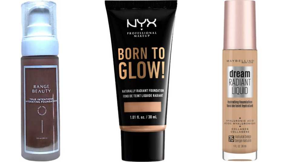 Range Beauty True Intentions Hydrating Formula; NYX Professional  Makeup Born to Glow Radiant Foundation; Maybelline Dream Radiant Liquid Foundation with Hyaluronic Acid + Collagen