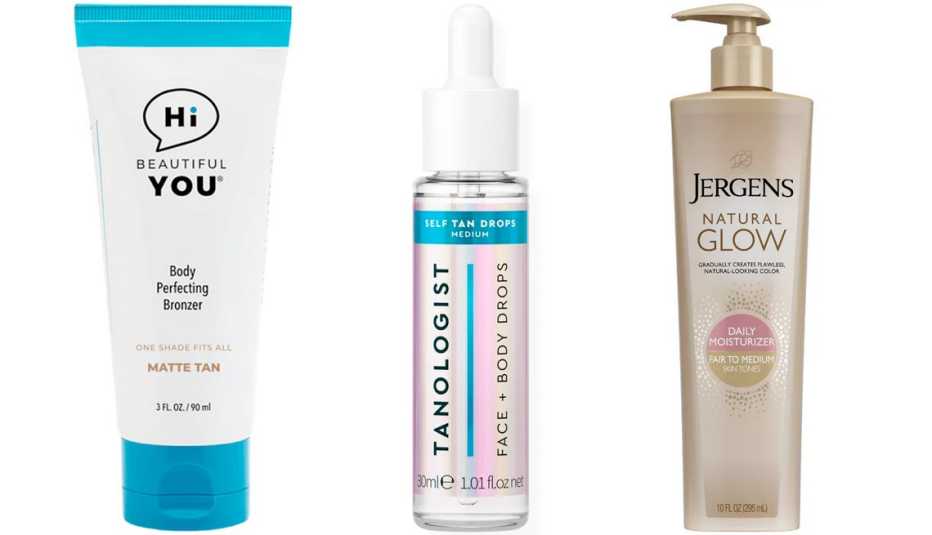Hi Beautiful You Body Perfecting Bronzer in Matte Tan; Tanologist Face + Body Drops; Jergens Natural Glow Daily Moisturizer Fair to Medium