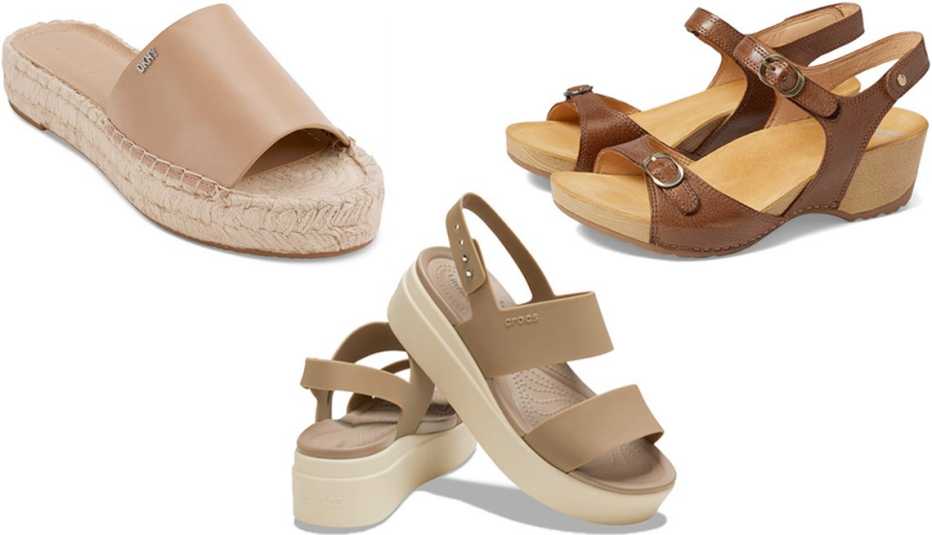 DKNY Women’s Camillo Slip-On Espadrille Platform Slide Sandals in New Nude; Dansko Tricia in Brown Milled Burnished; Crocs Brooklyn Low Wedge in Khaki/Bone