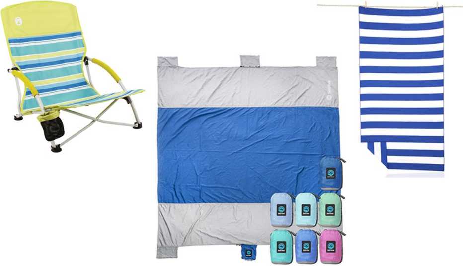 Coleman Lightweight Utopia Breeze Beach Chair; Wildhorn Outfitters Seaview Beach Blanket in Dark Blue; Your Choice Microfiber Beach Towel in B Blue Stripes