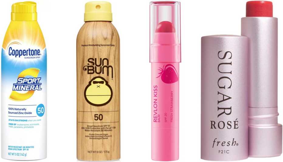 Coppertone Sport Mineral Sunscreen Spray SPF 50; Sun Bum Original Sunscreen Spray SPF 50; Revlon Kiss Lip Balm SPF 20 in Fresh Strawberry; Fresh Sugar Lip Balm Sunscreen with SPF 15 in Rosé
