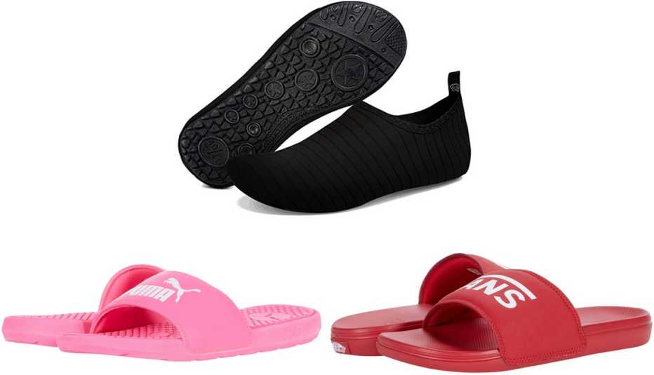 Puma Cool Cat in Knockout Pink; Ning Meng Quick-Dry Aqua Socks in Black; Vans La Costa Slide-On in Red