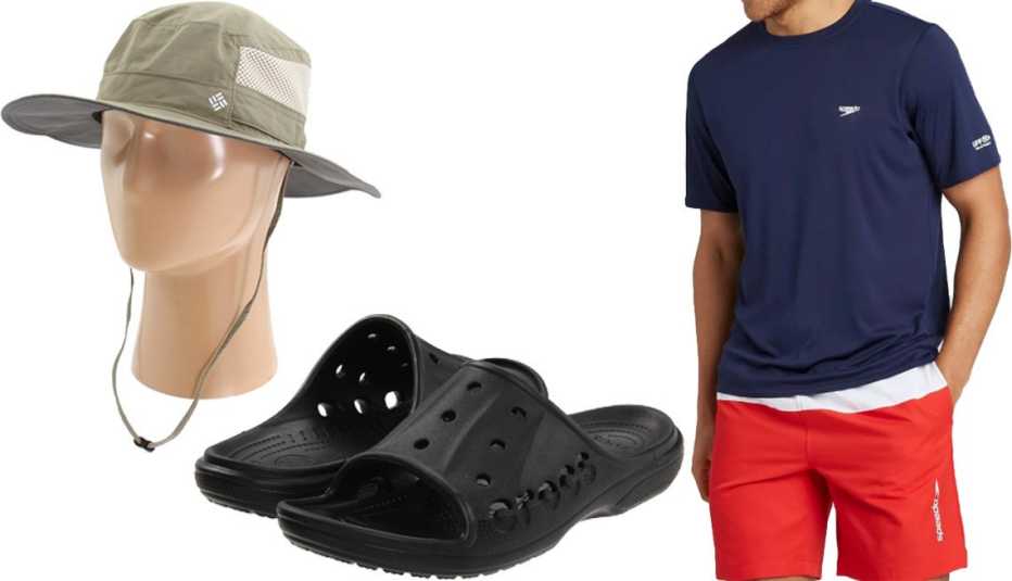 Columbia Bora Bora Booney II; Men’s Crocs Baya Slide in Black; Speedo Men’s Rash Guard in Navy