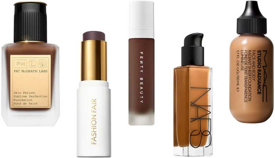 Pat McGrath Labs Sublime Perfection Foundation; Fashion Fair SkinFlex Stick Foundation; Fenty Beauty Pro Filt’r Soft Matte Longwear Liquid Foundation; Nars Natural Radiant Longwear Foundation; Mac Cosmetics Studio Radiance Face and Body Radiant Sheer Foun