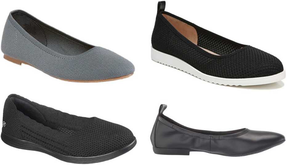 Old Navy Knit Almond-Toe Ballet Flats for Women in Stainless Steel; LifeStride Women’s Ziggy Flat in black; Nine West Greige3 in black; Skechers On The Go Dreamy Mia Flat in black