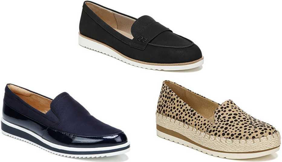 Naturalizer Rome Slip-On in French Navy; LifeStride Zee Loafer in black; Dr. Scholl’s Discovery Platform Slip-On in Brown/Black Leopard Print