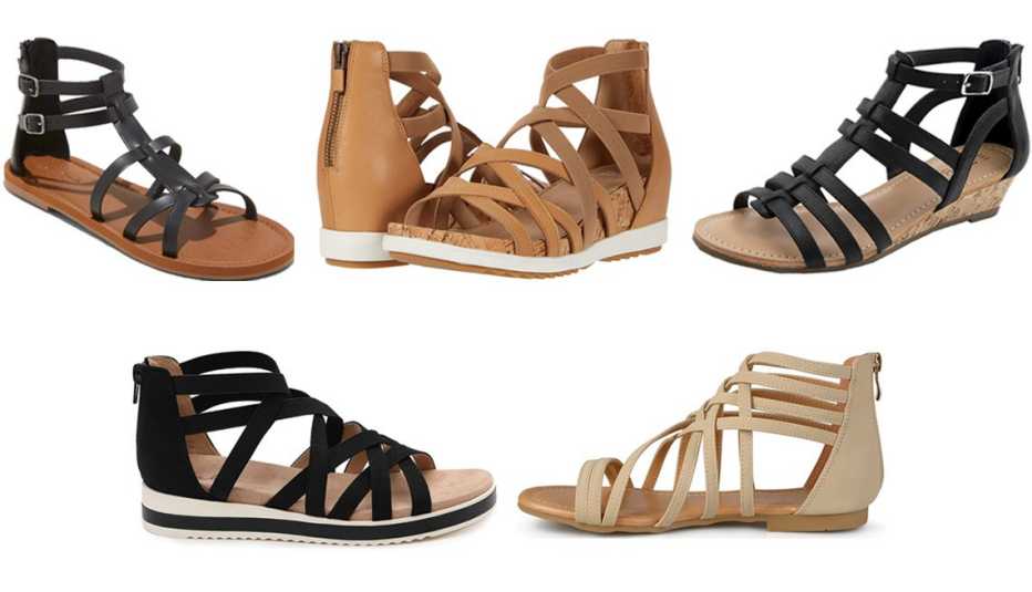 Universal Thread Women's Alva Gladiator Sandals in black; Eileen Fisher Verge Sandal in sand leather; Esprit Carrie Sandal in black; Journee Collection Hanni Gladiator Sandal in beige; Abella Zona Sandal in black
