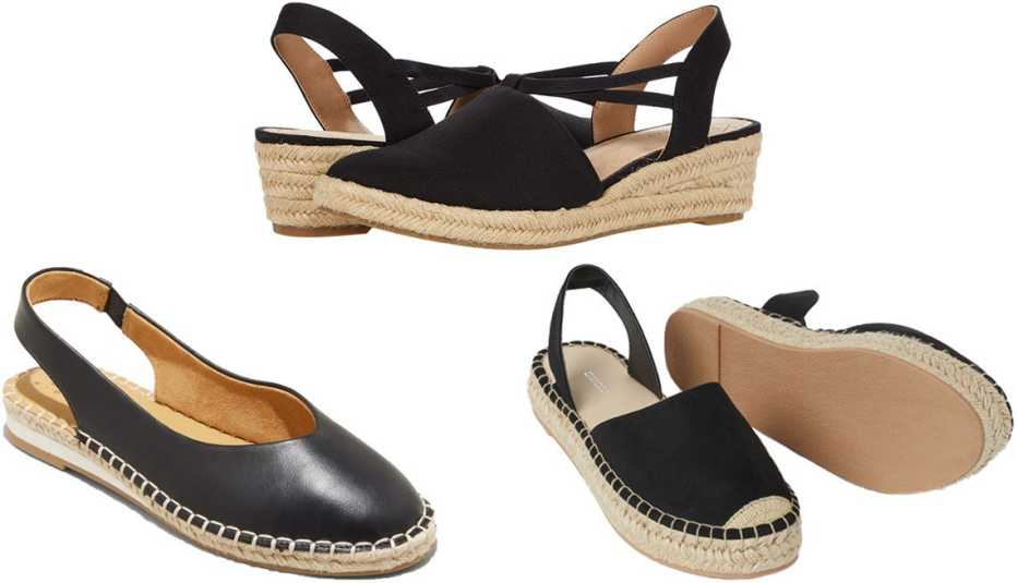 A New Day Women’s Irene Slingback Espadrille Flats in black; Lifestride Katrina 2 in black; H&M Slingback Espadrilles in black