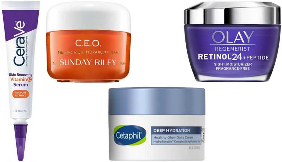 CeraVe Skin Renewing Vitamin C Serum; Sunday Riley CEO Vitamin C Rich Hydration Cream; Cetaphil Deep Hydration Healthy Glow Daily Cream; Olay Regenerist Retinol 24+ Peptide Night Moisturizer