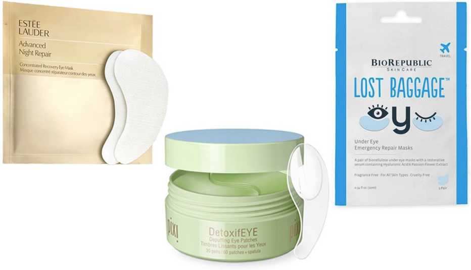 Estée Lauder Advanced Night Repair Concentrated Recovery Eye Mask; Pixi DetoxifEYE Depuffing Eye Patches; BioRepublic Lost Baggage Under Eye Emergency Repair Masks