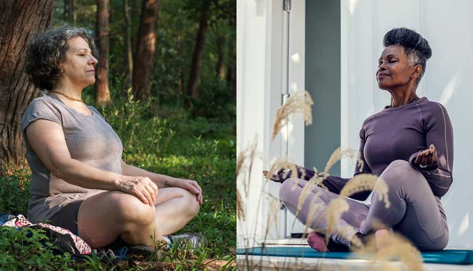 Two women outdoors meditating
