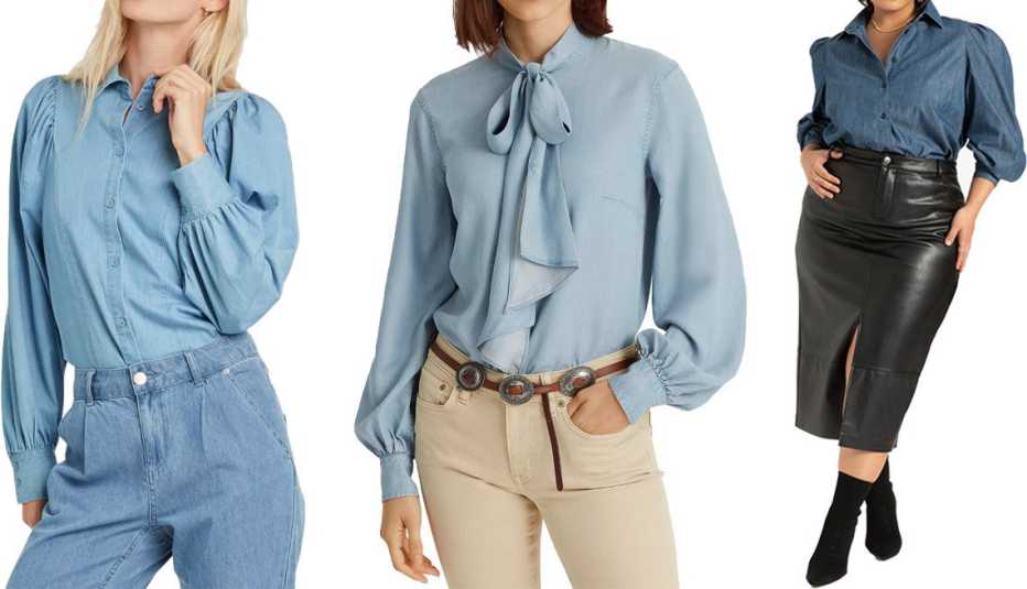 Who What Wear Women’s Ruffle Long Sleeve Button-Down Shirt; Lauren Ralph Lauren Chambray Bow Neck Top in Indigo Mist Wash; Eloquii Puff Sleeve Chambray Button Down in Medium Wash