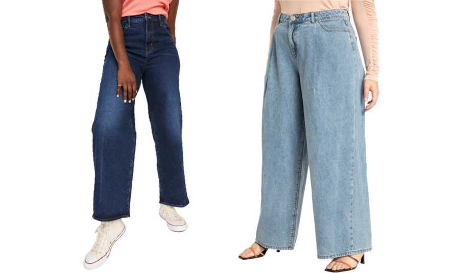 Old Navy Extra High-Waisted Dark Wash Wide-Leg jeans for Women in Trisha; Eloquii Wide Leg Jean in Light Wash