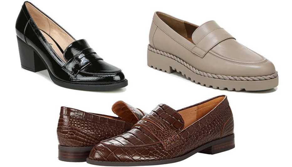 LifeStride Hudson Penny Loafer in Black; Franco Sarto Carol Loafer in Taupe/Stone; Nine West Owlia in Brown