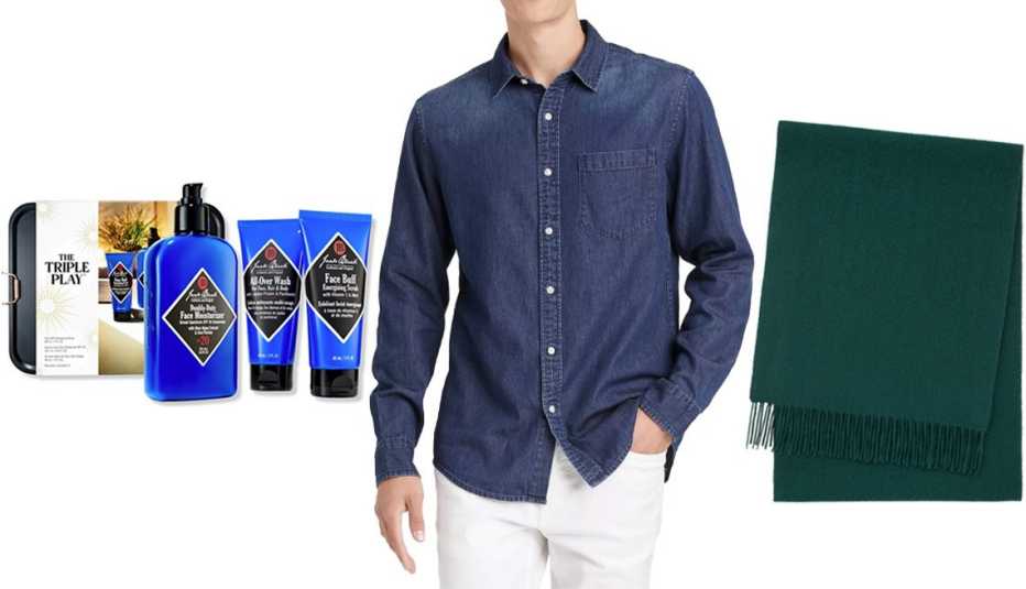 Jack Black The Triple Play; Goodfellow & Co Men’s Standard Fit Denim Long-Sleeve Button-Down Shirt in Night Blue; Uniqlo Cashmere Scarf in 55 Green