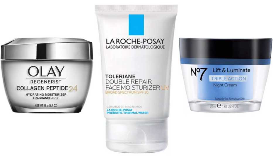 Olay Regenerist Collagen Peptide 24 Hydrating Moisturizer; La Roche-Posay Toleriane Double Repair Face Moisturizer SPF 30; No7 Lift & Luminate Triple Action Night Cream