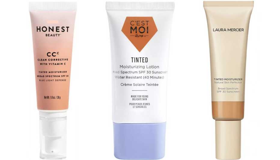 Honest Beauty Clean Corrective Tinted Moisturizer with Vitamin C SPF 30; C’est Moi Tinted Moisturizing Lotion with SPF 30; Laura Mercier Tinted Moisturizer Natural Skin Perfector Broad Spectrum