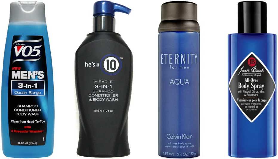 Alberto VO5 Men’s 3-In-1 Shampoo, Conditioner & Body Wash in Ocean Surge; He’s a 10 Miracle 3-In-1 Shampoo, Conditioner & Body Wash; Calvin Klein Eternity for Men Aqua Body Spray; Jack Black All-Over Body Spray