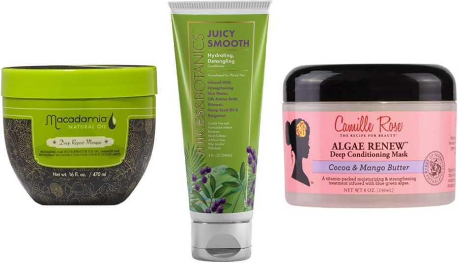 Macadamia Natural Oil Deep Repair Masque; Juices & Botanics Juicy Smooth Hydrating Detangling Conditioner; Camille Rose Algae Renew Deep Conditioning Mask