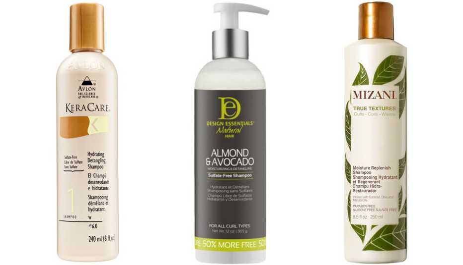 KeraCare Hydrating Detangling Shampoo; Design Essentials Almond & Avocado Sulfate-Free Shampoo; Mizani True Textures Moisture Replenish Shampoo