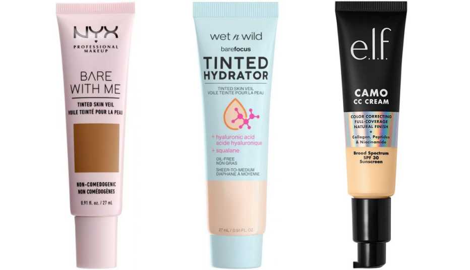 NYX Professional Makeup Bare With Me Tinted Skin Veil; Wet n Wild Bare Focus Tinted Hydrator; e.l.f. Cosmetics Camo CC Cream SPF 30