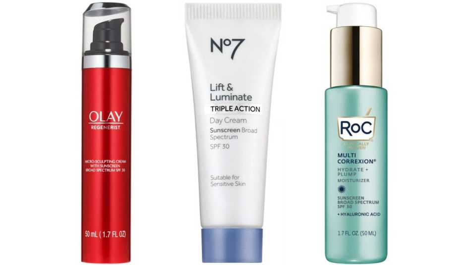 Olay Regenerist Micro-Sculpting Cream Moisturizer SPF 30; No7 Lift & Luminate Triple Action Day Cream ﻿Sunscreen SPF﻿ 30; RoC Multi Correxion Hydrate + Plump Daily Moisturizer with Hyaluronic Acid ﻿SPF 30