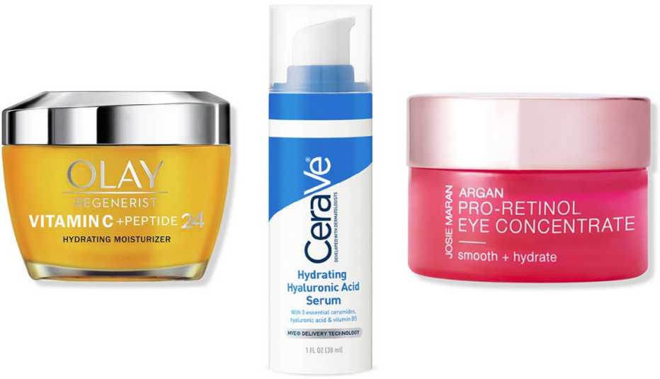 Olay Regenerist Vitamin C + Peptide 24 Face Moisturizer; CeraVe Hydrating Hyaluronic Acid ﻿Face Serum; Josie Maran Argan Pro-Retinol Eye Concentrate
